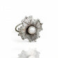 Silver ring with a pearl at the center on a white background