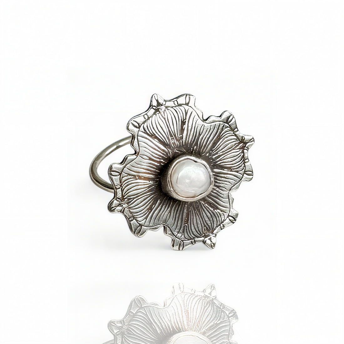 Silver ring with a pearl at the center on a white background