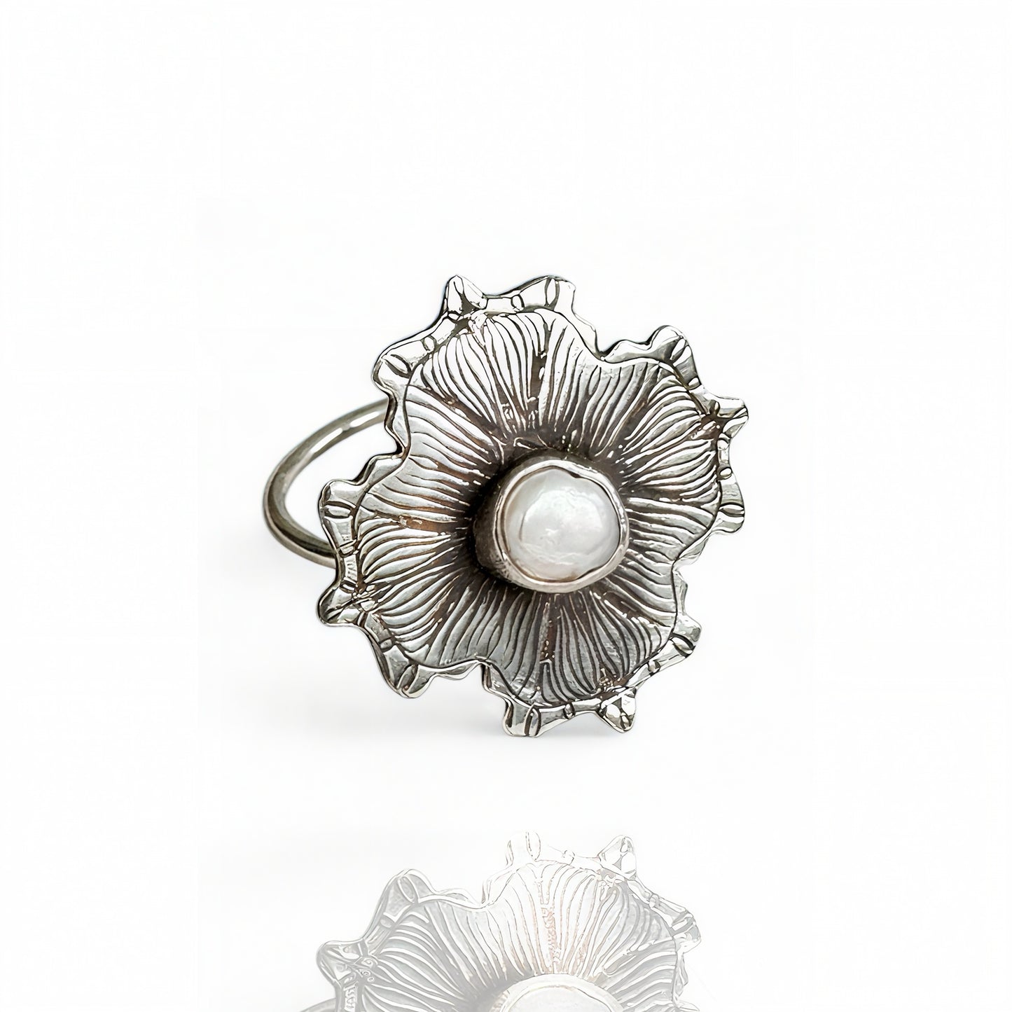 Silver ring with a pearl at the center on a white background