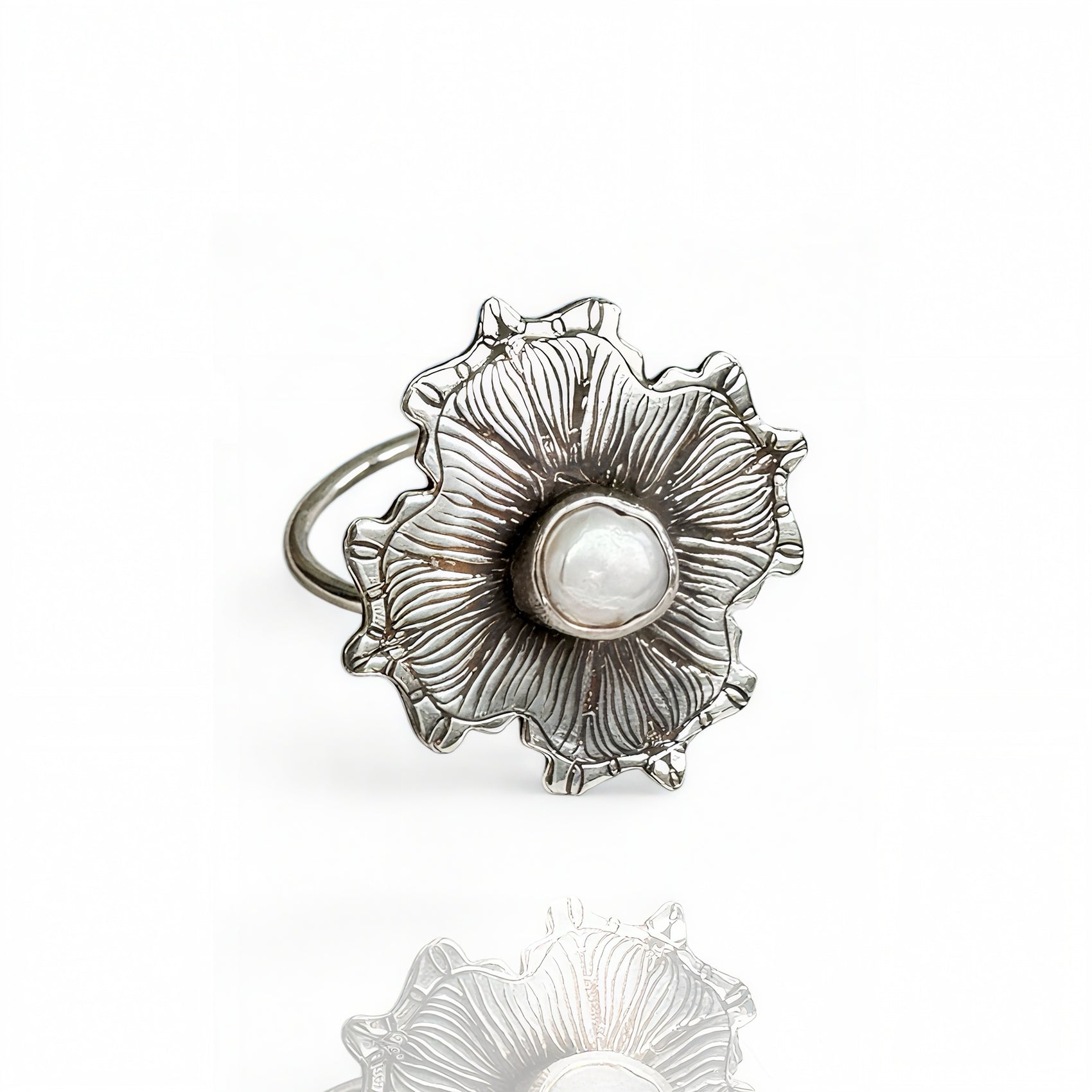 Silver ring with a pearl at the center on a white background