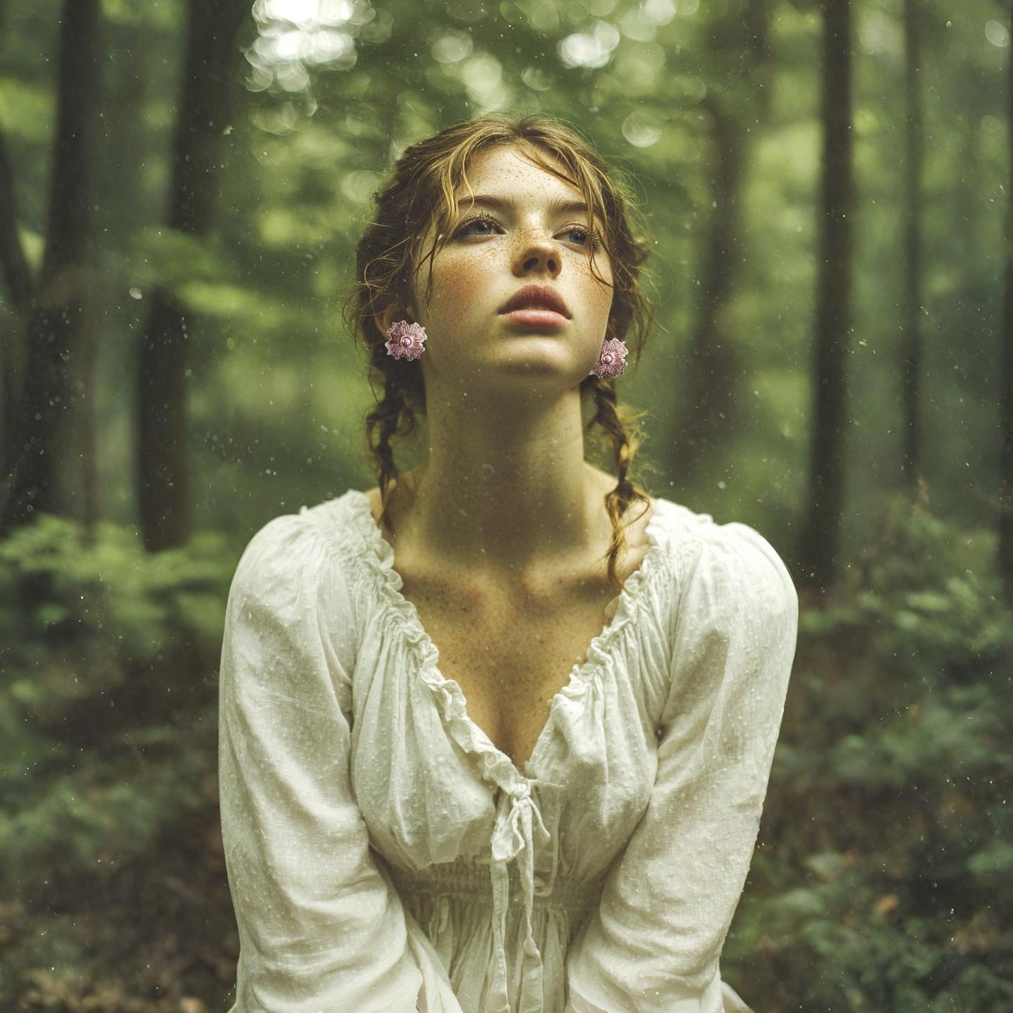 Woman in a white blouse standing in a forest with a rainy window effect.