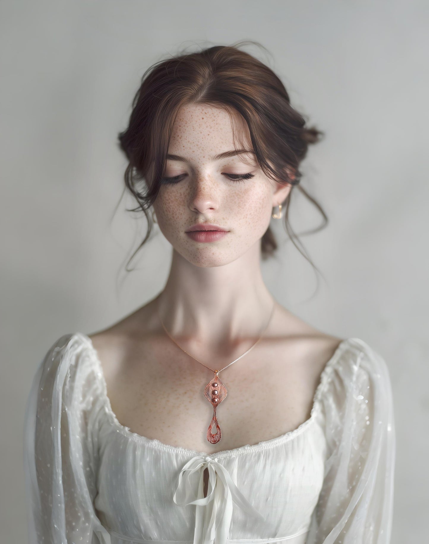 Woman wearing a white lace top with a rose gold necklace against a plain background