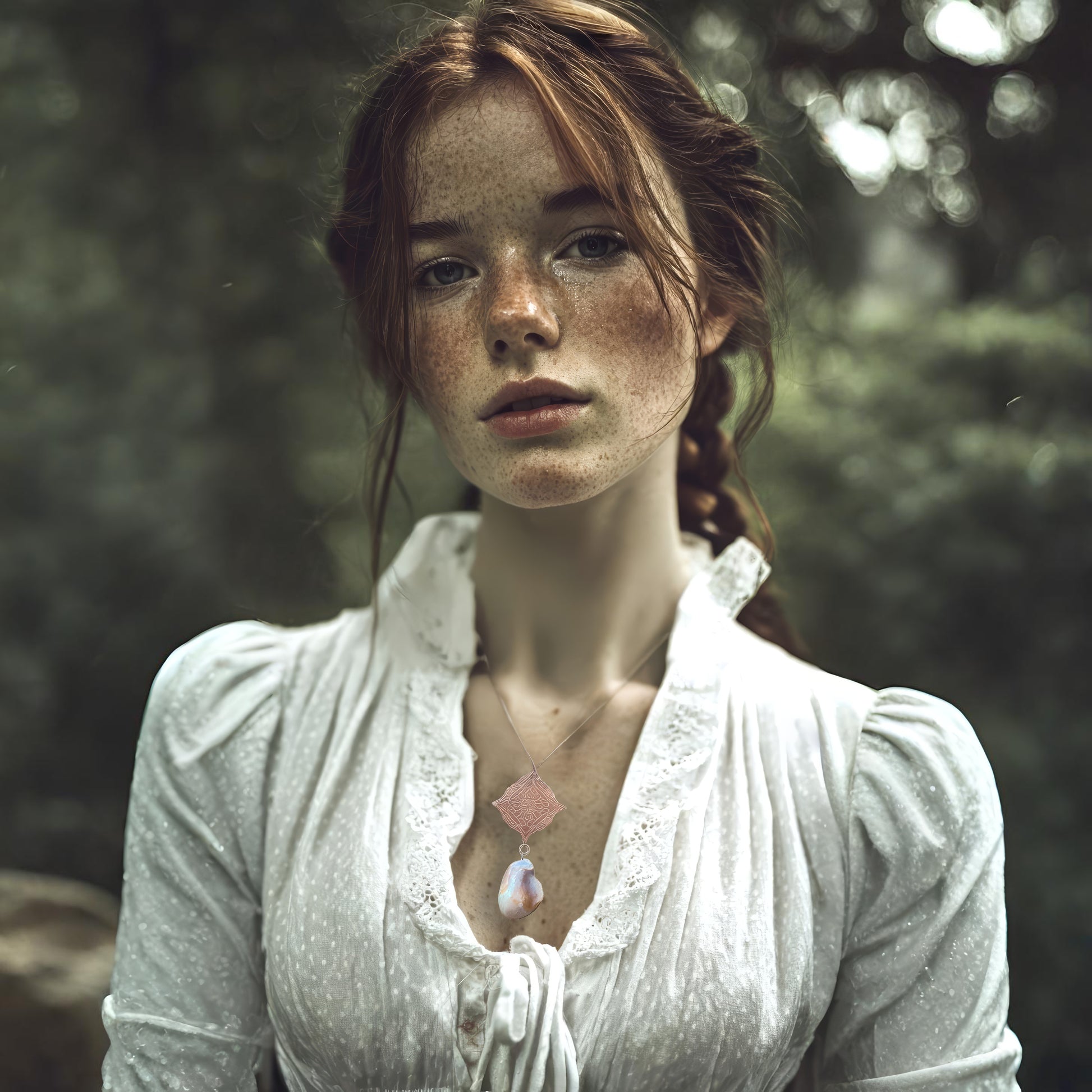 Woman with red hair and freckles wearing a white blouse and a rose gold pendant in a forest setting