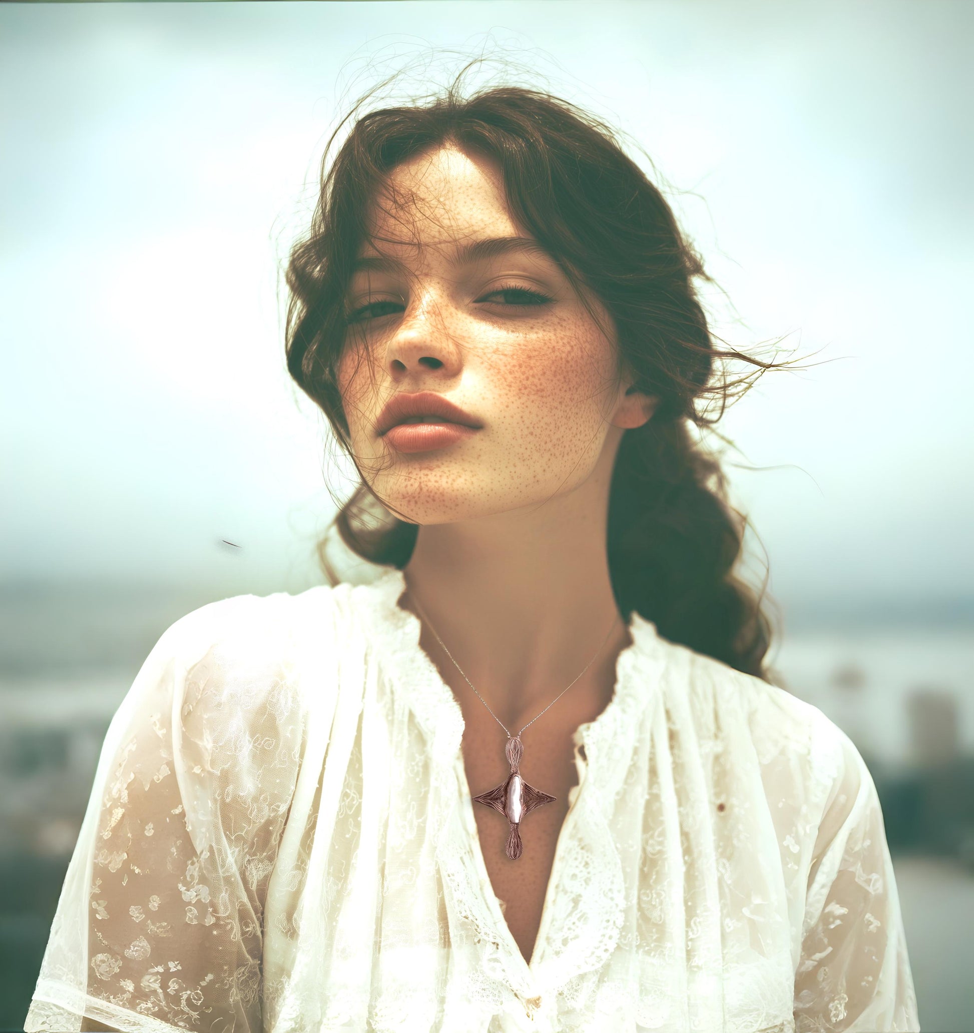 Woman wearing a rose gold necklace and a white blouse with a blurred background