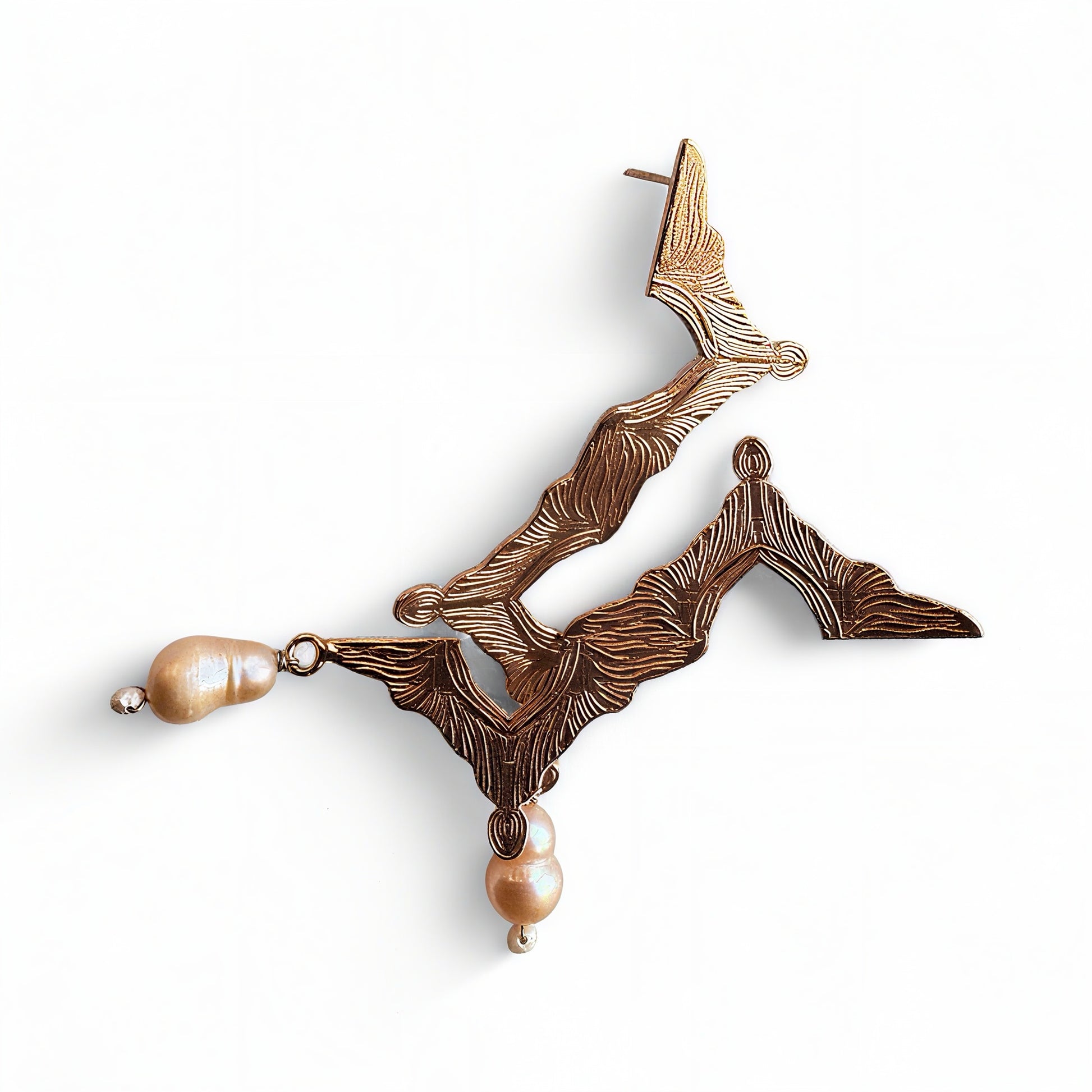 Rose gold earrings with pearl drops on a white background