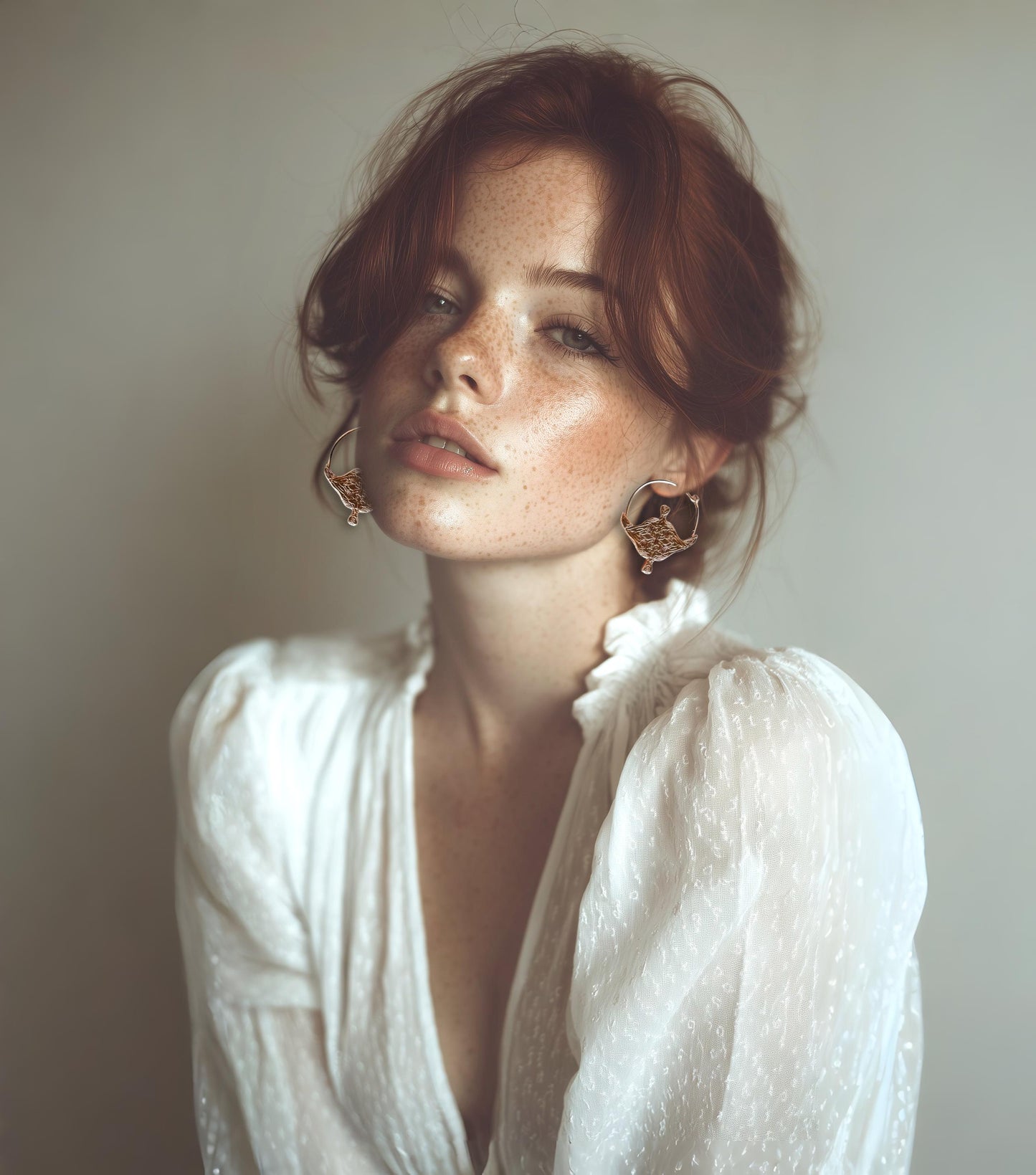 Woman wearing a white blouse and rose gold earrings with a soft, blurred background
