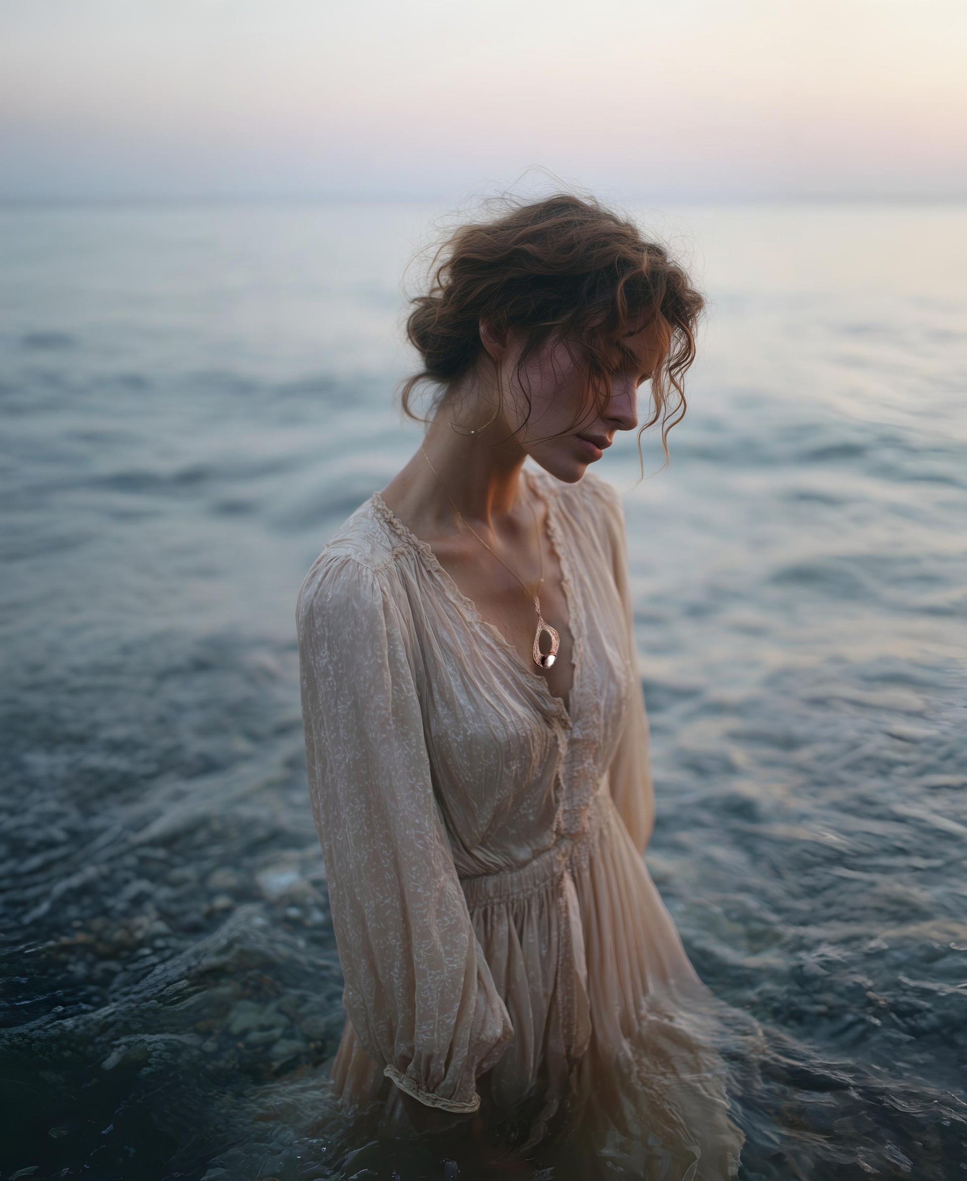 Woman in a flowing dress and rose gold necklace standing in water with a blurred background